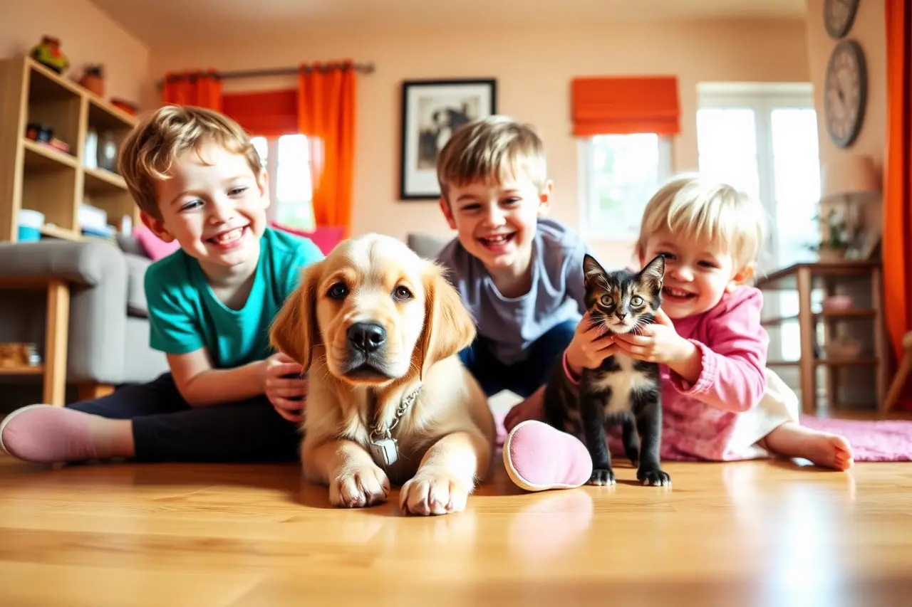 Kinderen spelen met een puppy en een kitten in een kleurrijke woonkamer