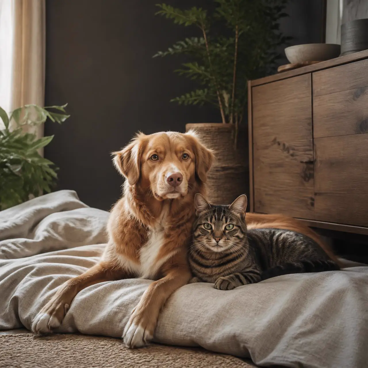 A golden retriever and a tabby cat resting on cream linen beside walnut wood furniture