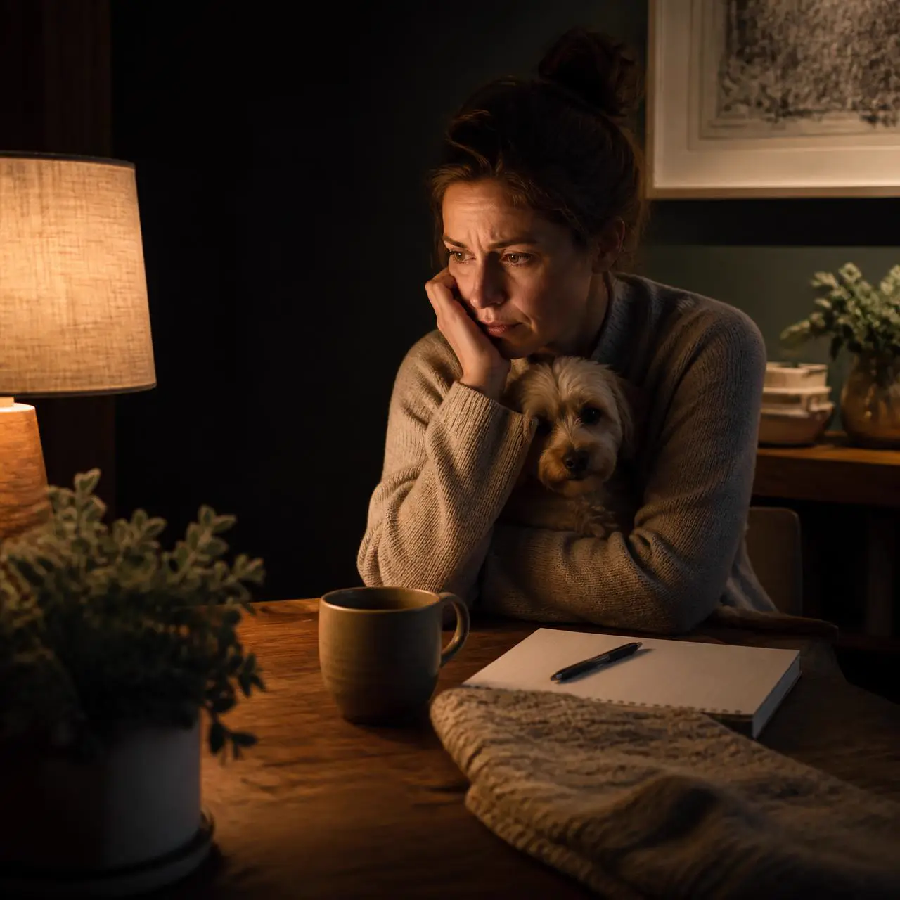 Worried pet owner searching for answers at night beside their dog