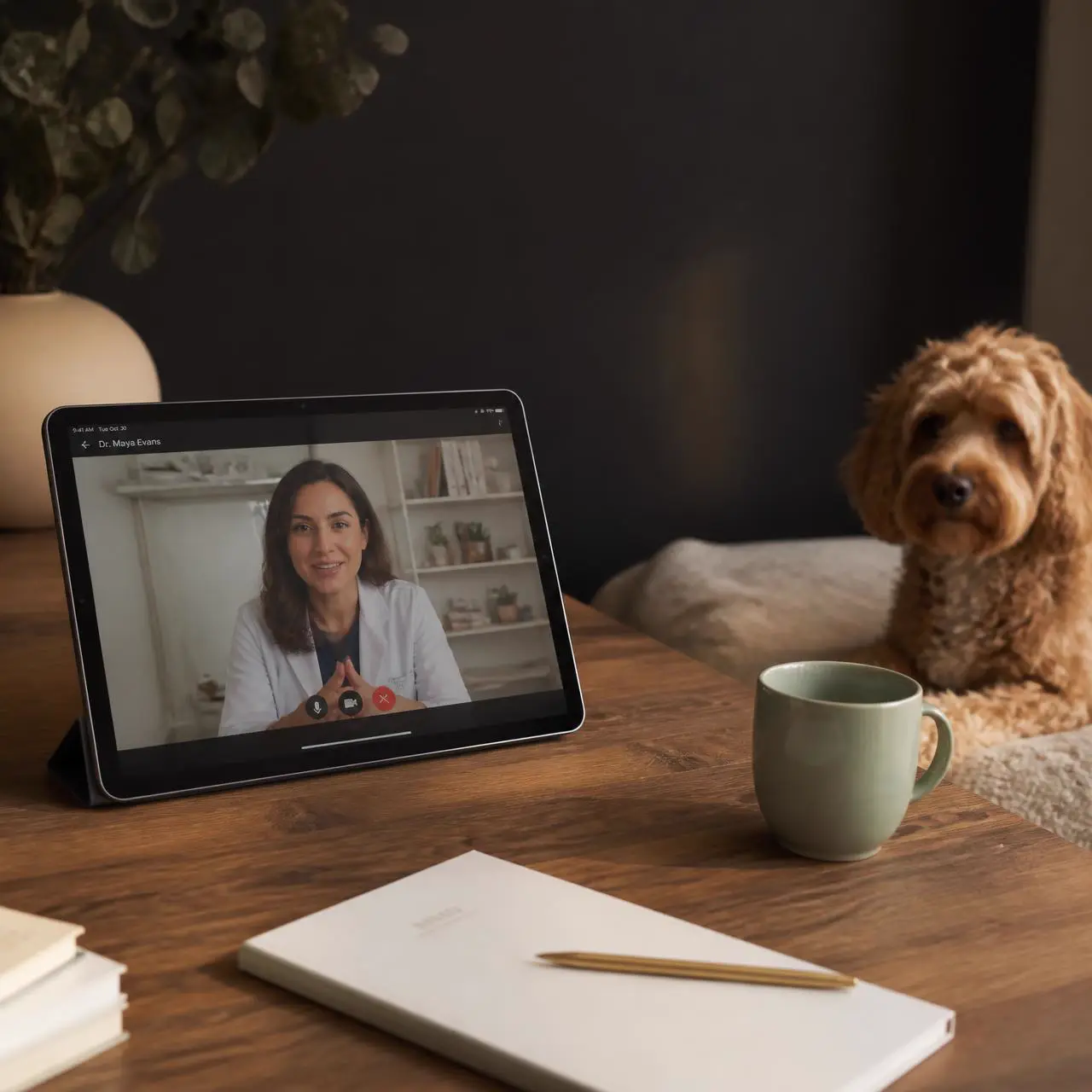 Futuristic video consultation interface showing a Qualified Pet Care Specialist on call